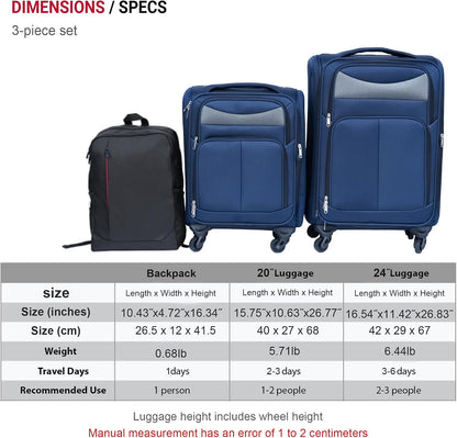 Softside Luggage Set, Travel Suitcase Expandable Lightweight 3 Piece | Luggage Sets with Spinner Wheels 22" 26" 30" Suitcase with TSA Lock (Blue Green)