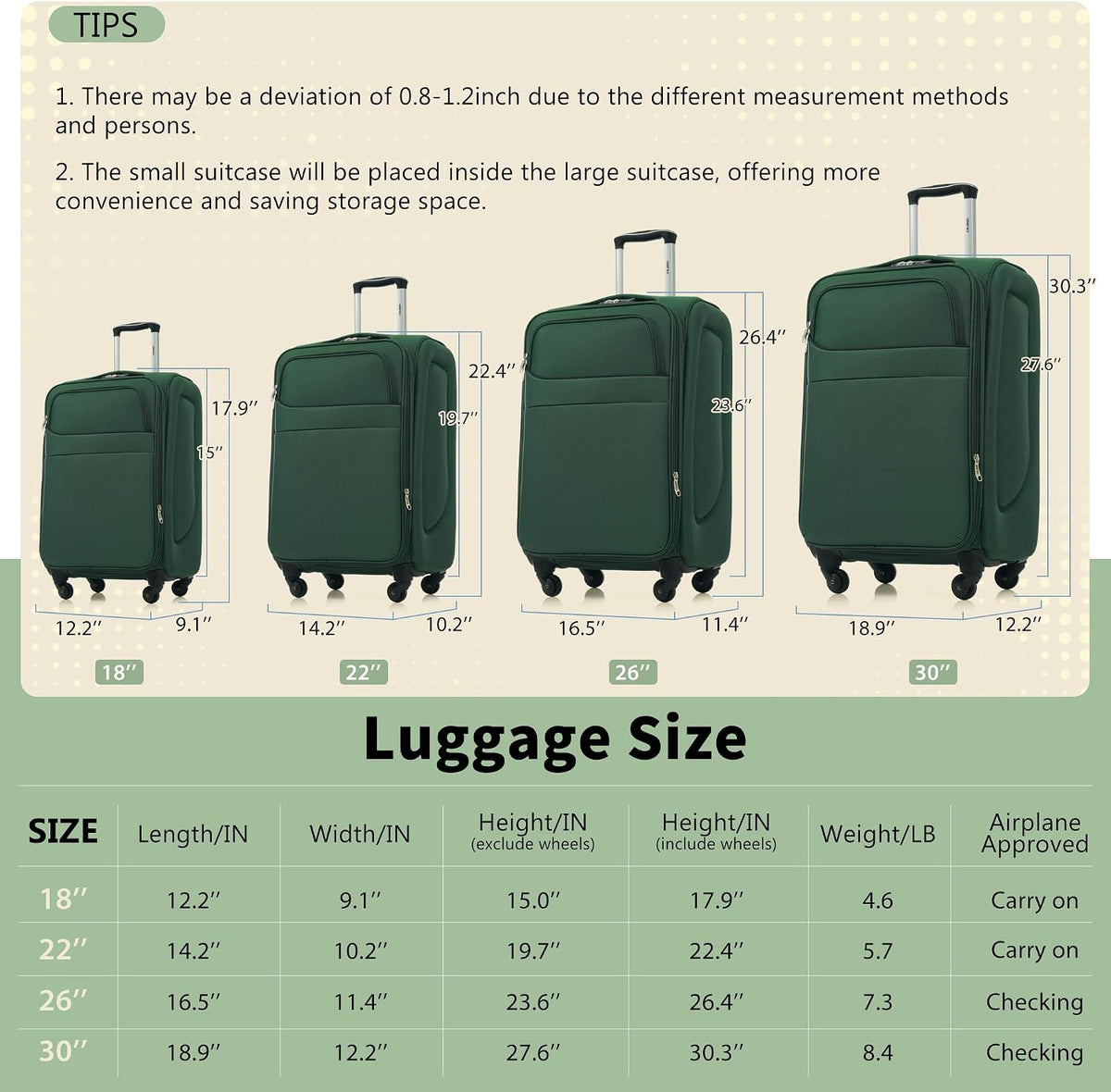 Softside Luggage Set, Travel Suitcase Expandable Lightweight 3 Piece | Luggage Sets with Spinner Wheels 22" 26" 30" Suitcase with TSA Lock (Blue Green)