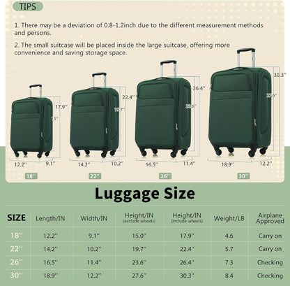 Softside Luggage Set, Travel Suitcase Expandable Lightweight 3 Piece | Luggage Sets with Spinner Wheels 22" 26" 30" Suitcase with TSA Lock (Blue Green)