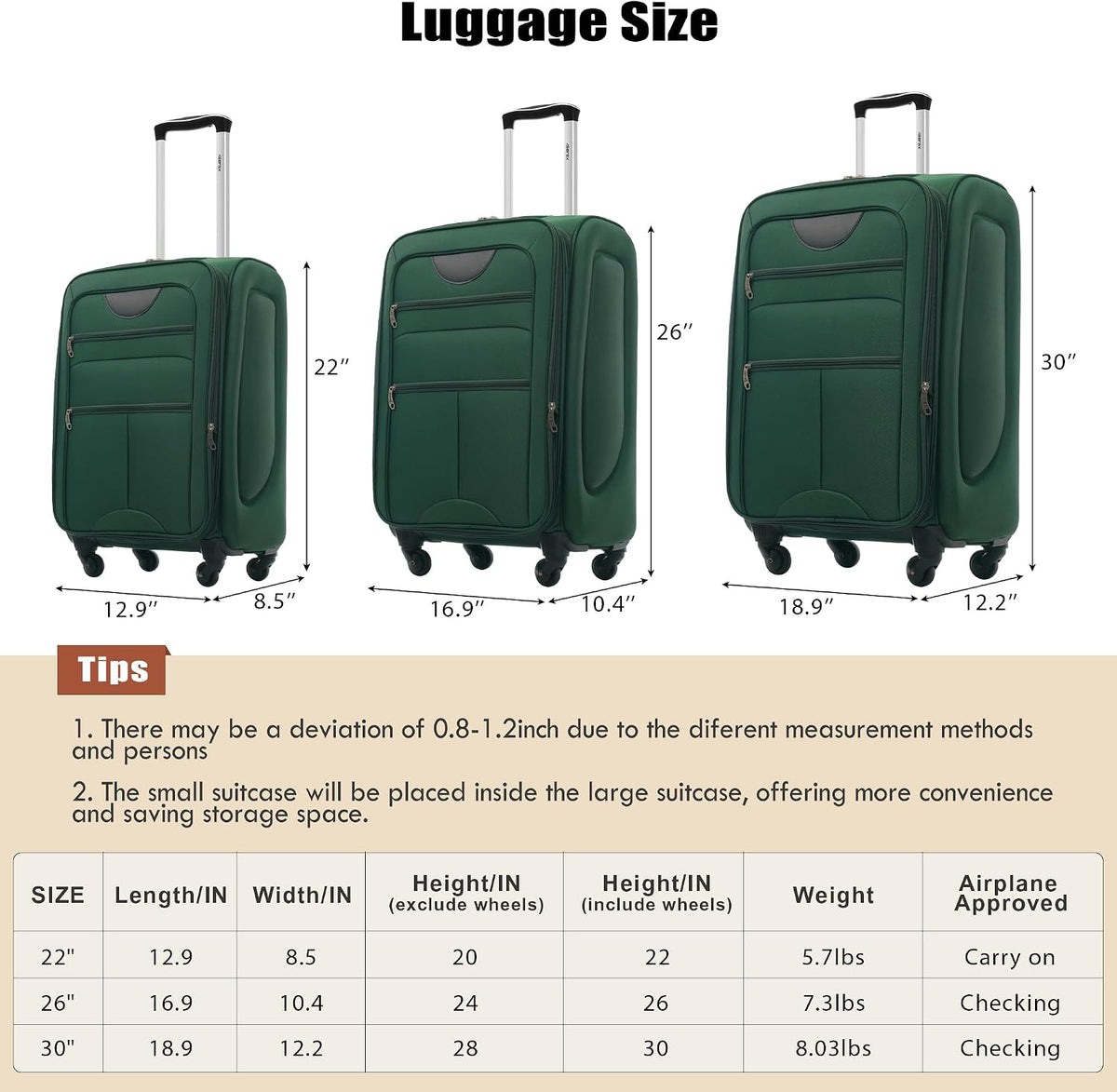 Softside Luggage Set, Travel Suitcase Expandable Lightweight 3 Piece | Luggage Sets with Spinner Wheels 22" 26" 30" Suitcase with TSA Lock (Blue Green)
