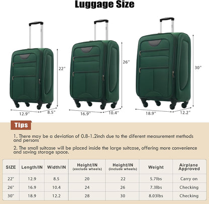 Softside Luggage Set, Travel Suitcase Expandable Lightweight 3 Piece | Luggage Sets with Spinner Wheels 22" 26" 30" Suitcase with TSA Lock (Blue Green)