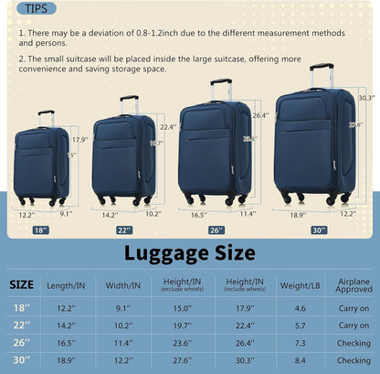 Softside Luggage Set, Travel Suitcase Expandable Lightweight 3 Piece | Luggage Sets with Spinner Wheels 22" 26" 30" Suitcase with TSA Lock (Blue Green)