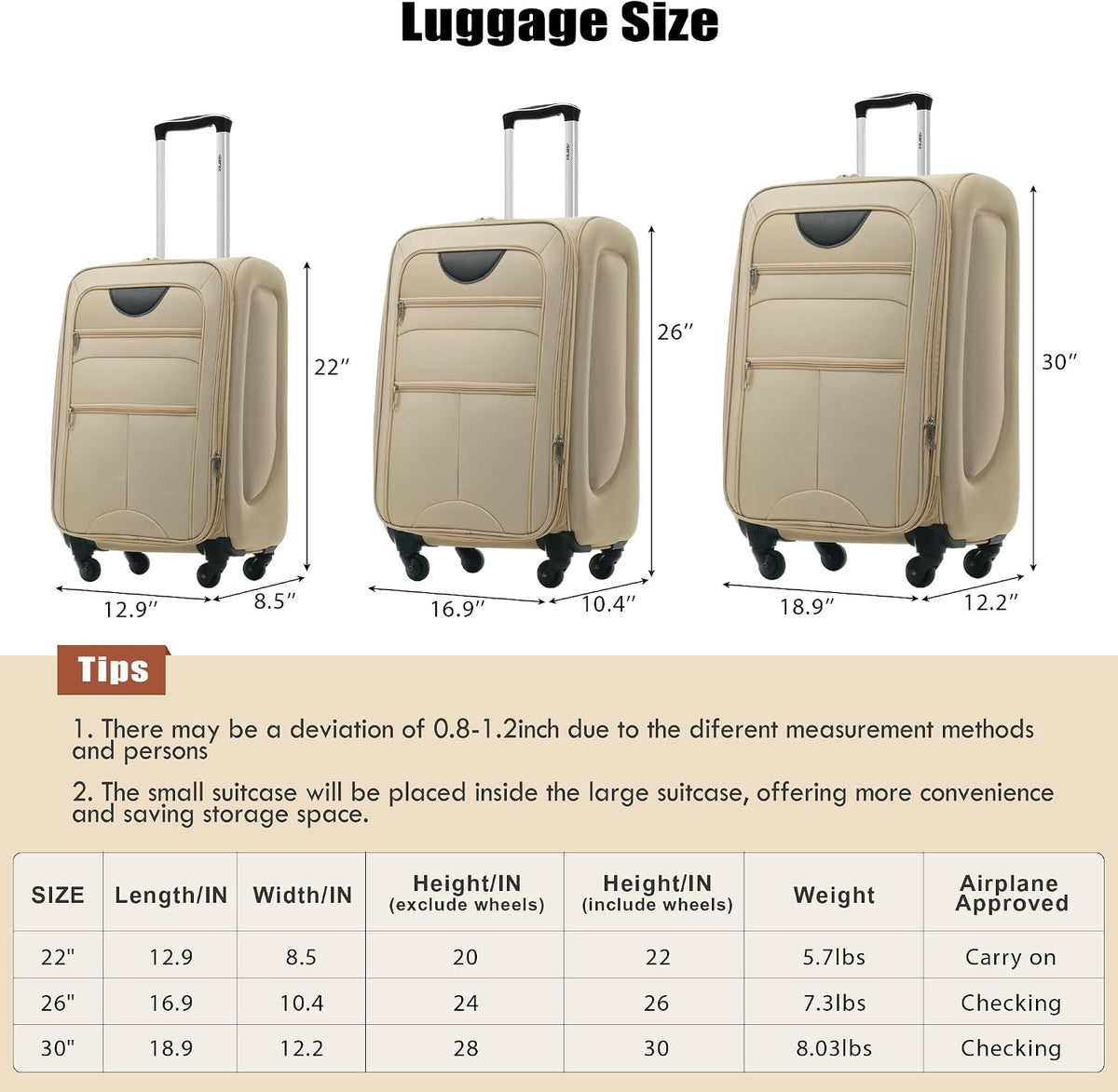 Softside Luggage Set, Travel Suitcase Expandable Lightweight 3 Piece | Luggage Sets with Spinner Wheels 22" 26" 30" Suitcase with TSA Lock (Blue Green)
