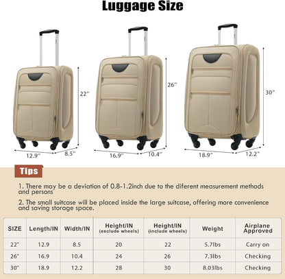 Softside Luggage Set, Travel Suitcase Expandable Lightweight 3 Piece | Luggage Sets with Spinner Wheels 22" 26" 30" Suitcase with TSA Lock (Blue Green)