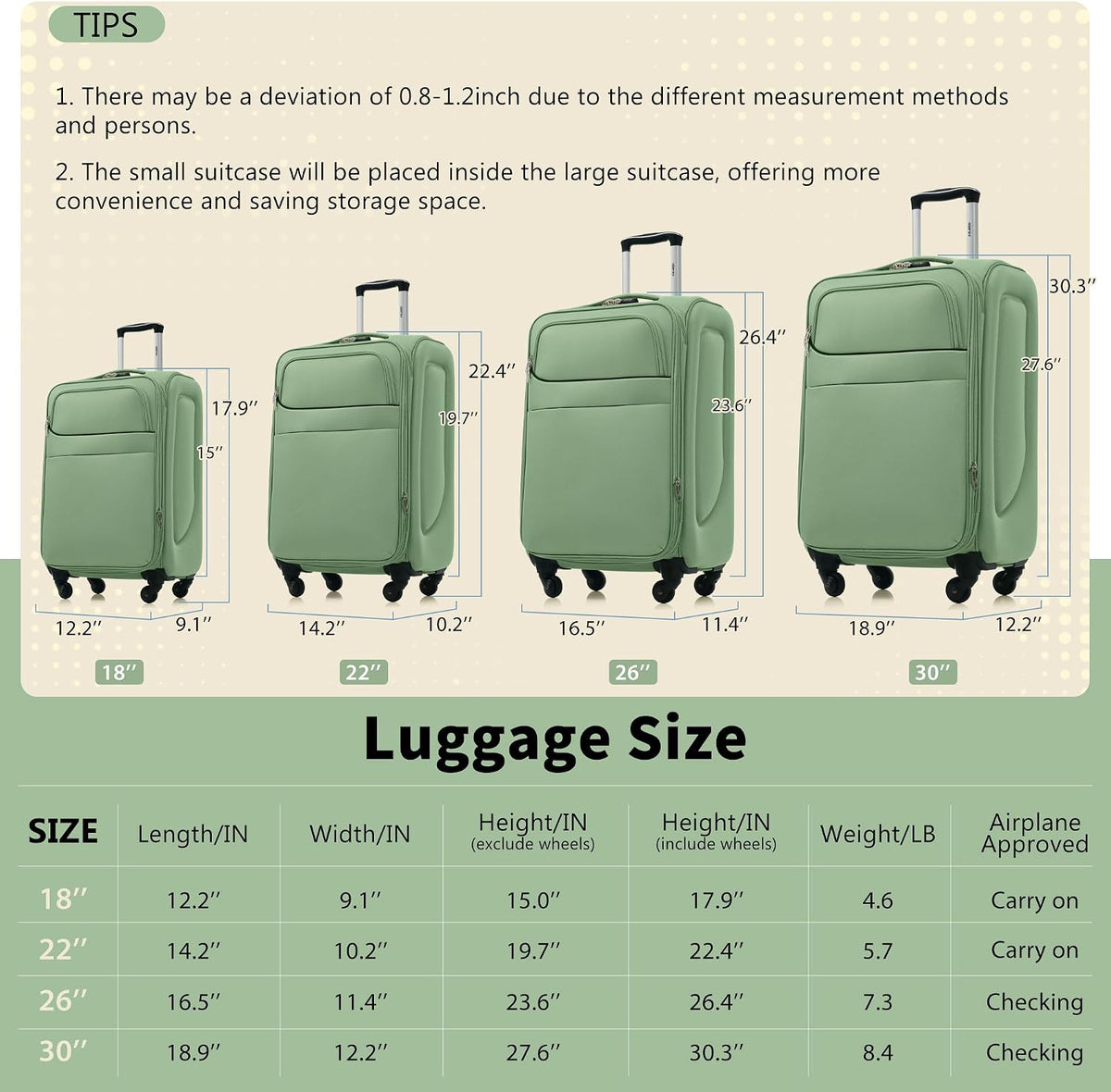 Softside Luggage Set, Travel Suitcase Expandable Lightweight 3 Piece | Luggage Sets with Spinner Wheels 22" 26" 30" Suitcase with TSA Lock (Blue Green)