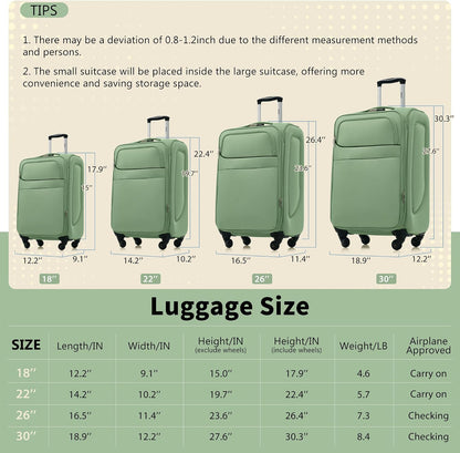 Softside Luggage Set, Travel Suitcase Expandable Lightweight 3 Piece | Luggage Sets with Spinner Wheels 22" 26" 30" Suitcase with TSA Lock (Blue Green)