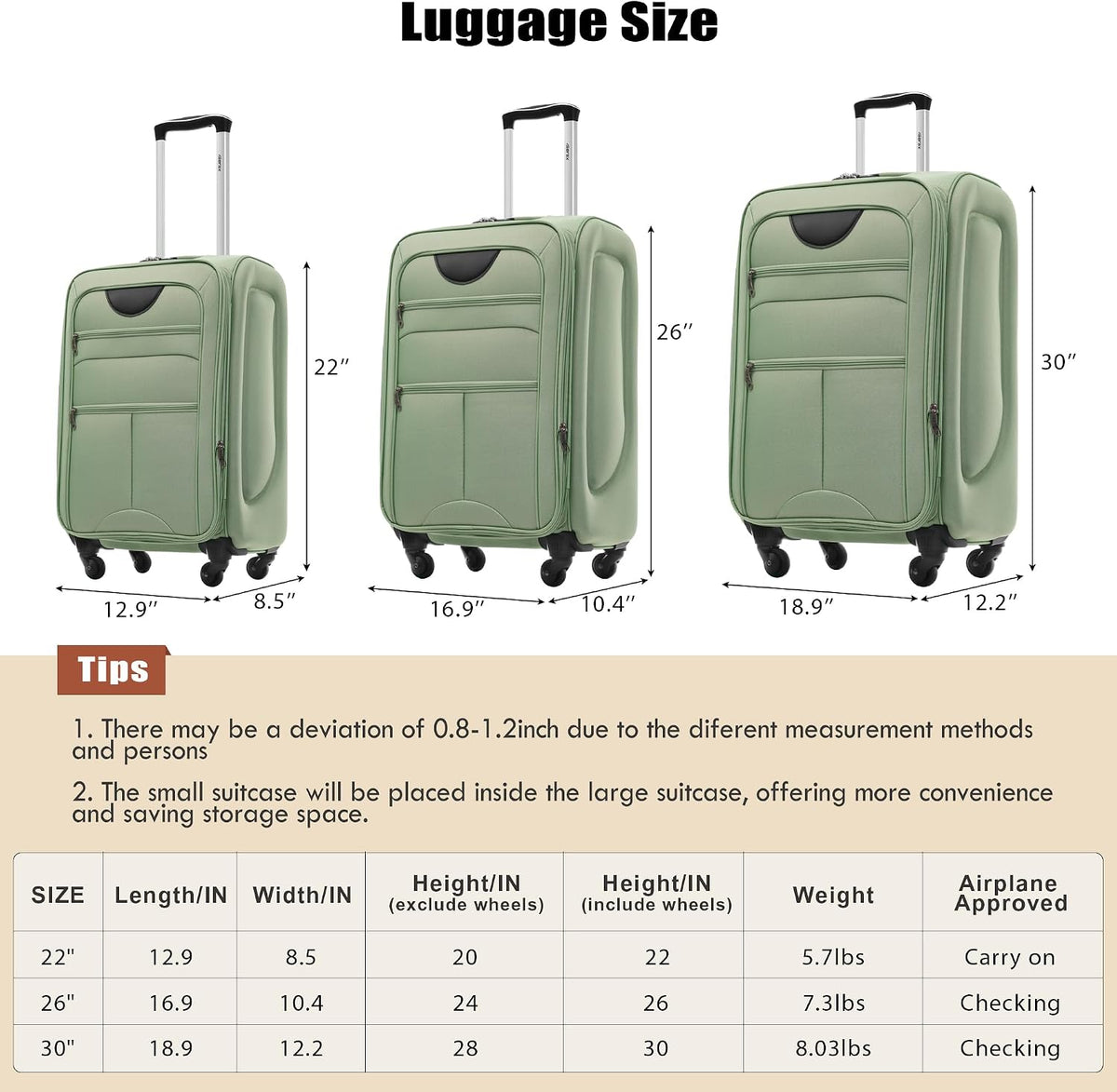 Softside Luggage Set, Travel Suitcase Expandable Lightweight 3 Piece | Luggage Sets with Spinner Wheels 22" 26" 30" Suitcase with TSA Lock (Blue Green)