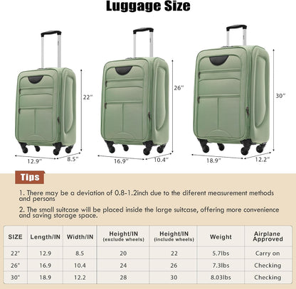 Softside Luggage Set, Travel Suitcase Expandable Lightweight 3 Piece | Luggage Sets with Spinner Wheels 22" 26" 30" Suitcase with TSA Lock (Blue Green)