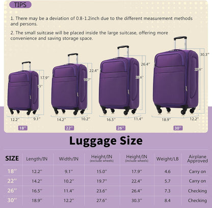 Softside Luggage Set, Travel Suitcase Expandable Lightweight 3 Piece | Luggage Sets with Spinner Wheels 22" 26" 30" Suitcase with TSA Lock (Blue Green)