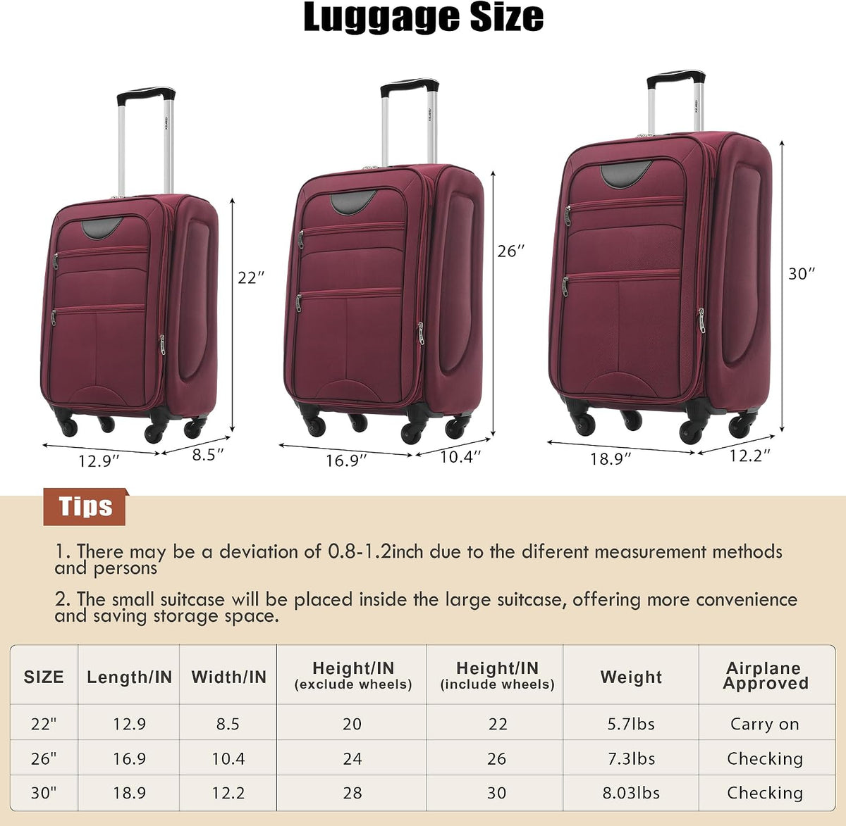 Softside Luggage Set, Travel Suitcase Expandable Lightweight 3 Piece | Luggage Sets with Spinner Wheels 22" 26" 30" Suitcase with TSA Lock (Blue Green)