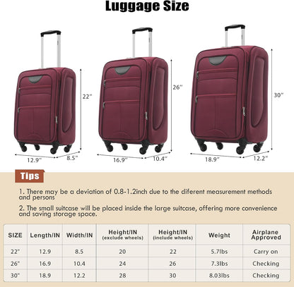 Softside Luggage Set, Travel Suitcase Expandable Lightweight 3 Piece | Luggage Sets with Spinner Wheels 22" 26" 30" Suitcase with TSA Lock (Blue Green)