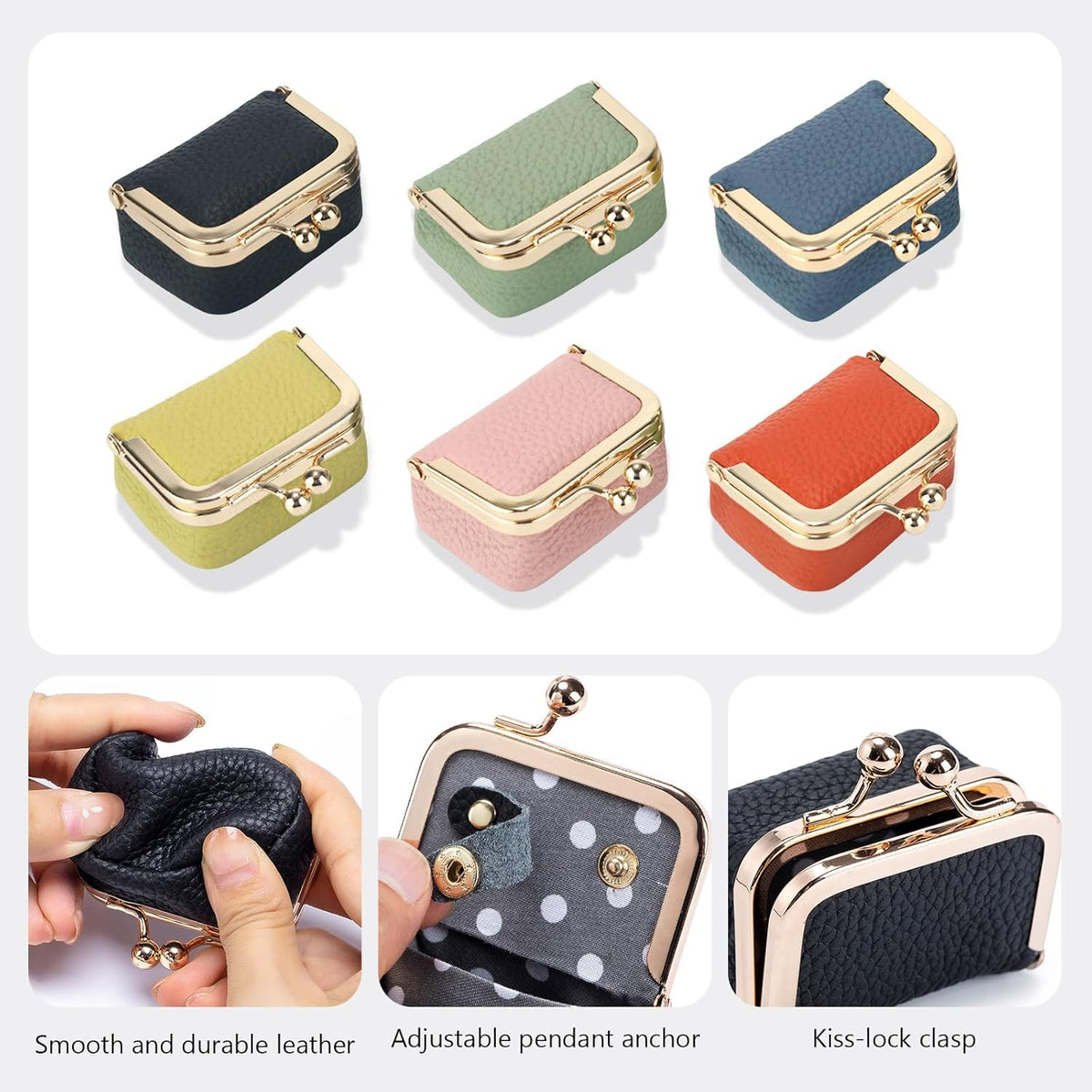Genuine Leather Mini Jewelry Box Coin Purse for Women,Solid Color Kiss Lock Jewelry Case Organizer,Mini Travel Ring Box