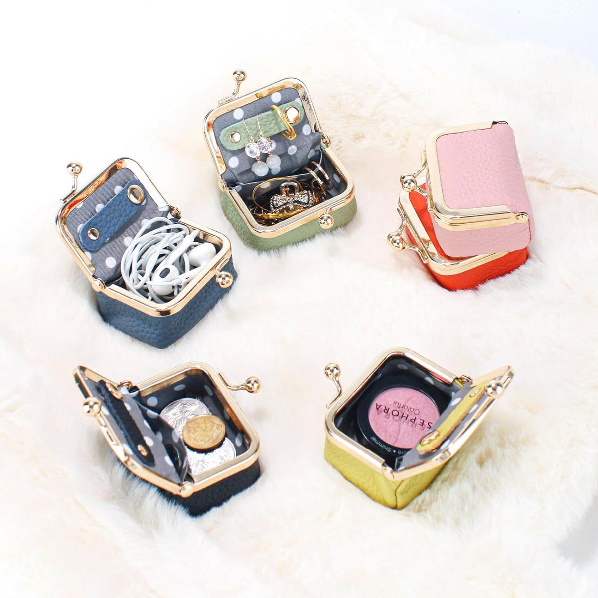 Genuine Leather Mini Jewelry Box Coin Purse for Women,Solid Color Kiss Lock Jewelry Case Organizer,Mini Travel Ring Box