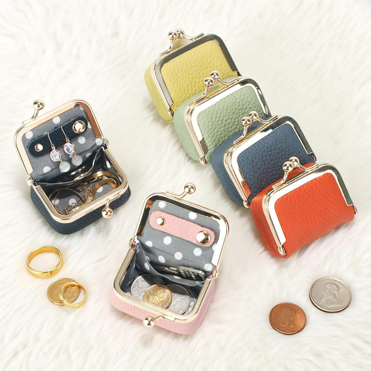 Genuine Leather Mini Jewelry Box Coin Purse for Women,Solid Color Kiss Lock Jewelry Case Organizer,Mini Travel Ring Box