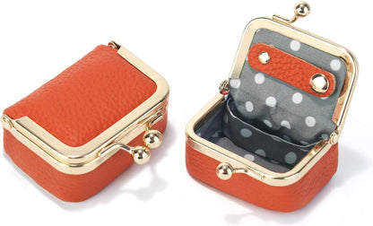 Genuine Leather Mini Jewelry Box Coin Purse for Women,Solid Color Kiss Lock Jewelry Case Organizer,Mini Travel Ring Box
