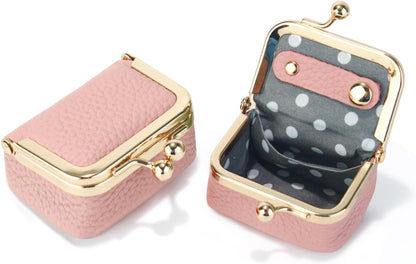 Genuine Leather Mini Jewelry Box Coin Purse for Women,Solid Color Kiss Lock Jewelry Case Organizer,Mini Travel Ring Box