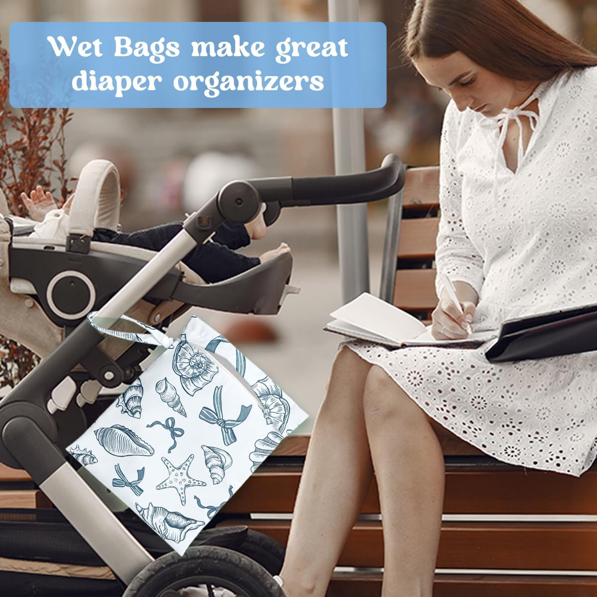 Wet Dry Bag for Baby & Travel - Waterproof Reusable Cloth Diaper Bag for Wet Clothes, Swimwear & Gym - Leakproof Hanging Storage Bag with Snap Handle, Ocean Friends Theme