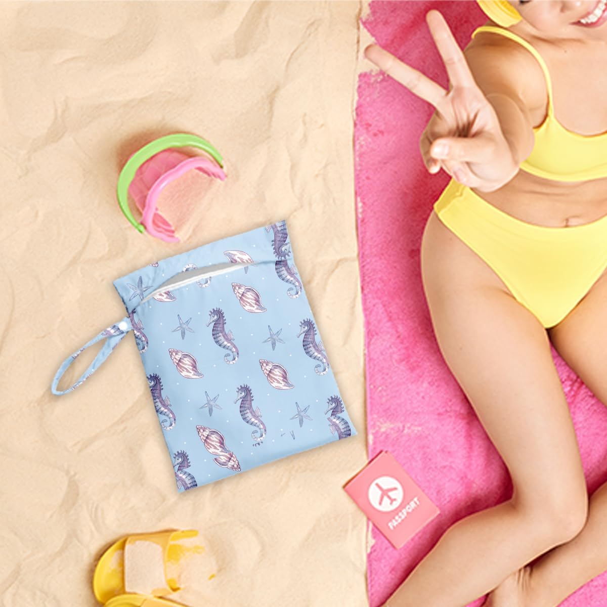 Wet Dry Bag for Baby & Travel - Waterproof Reusable Cloth Diaper Bag for Wet Clothes, Swimwear & Gym - Leakproof Hanging Storage Bag with Snap Handle, Ocean Friends Theme