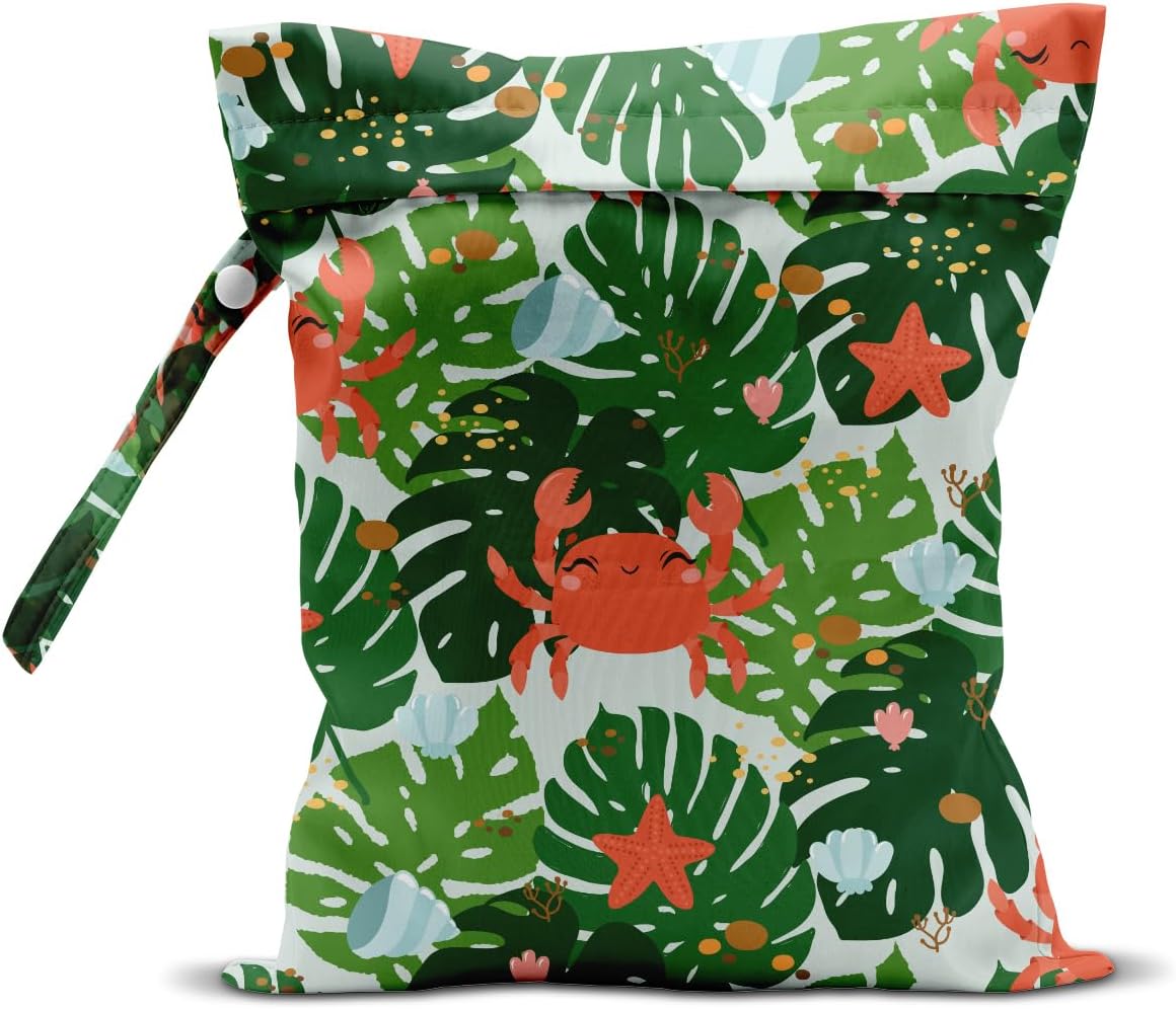Wet Dry Bag for Baby & Travel - Waterproof Reusable Cloth Diaper Bag for Wet Clothes, Swimwear & Gym - Leakproof Hanging Storage Bag with Snap Handle, Ocean Friends Theme