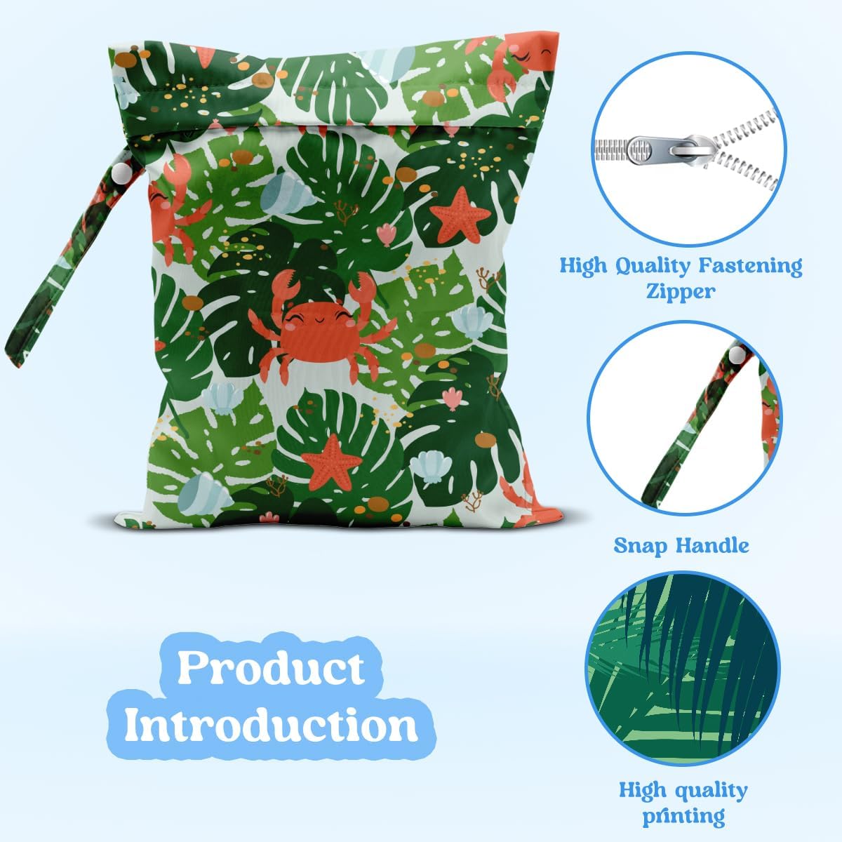 Wet Dry Bag for Baby & Travel - Waterproof Reusable Cloth Diaper Bag for Wet Clothes, Swimwear & Gym - Leakproof Hanging Storage Bag with Snap Handle, Ocean Friends Theme