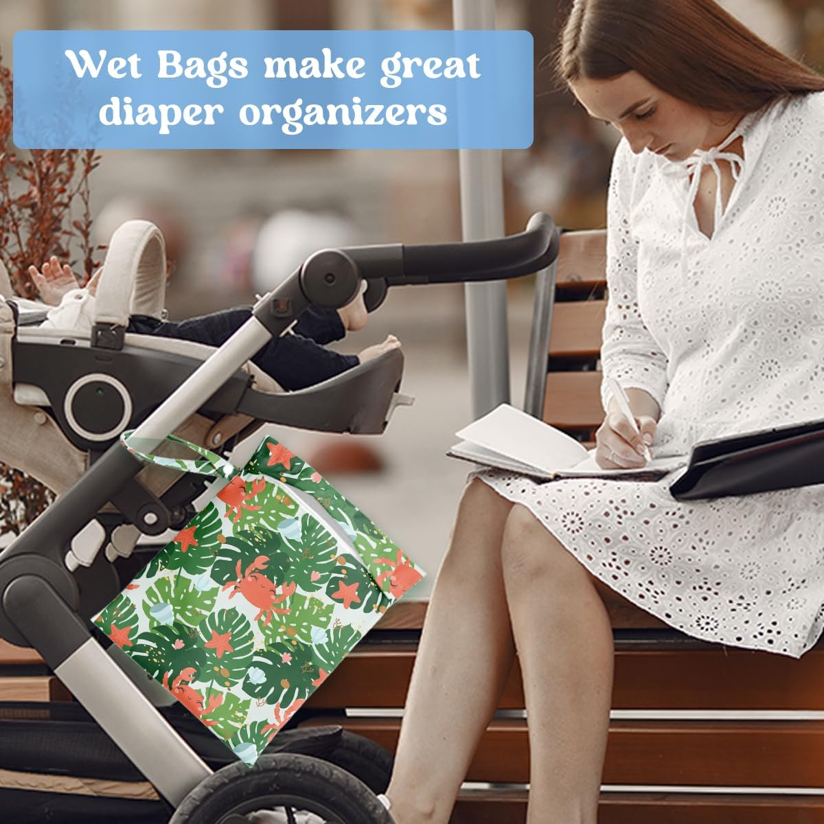 Wet Dry Bag for Baby & Travel - Waterproof Reusable Cloth Diaper Bag for Wet Clothes, Swimwear & Gym - Leakproof Hanging Storage Bag with Snap Handle, Ocean Friends Theme