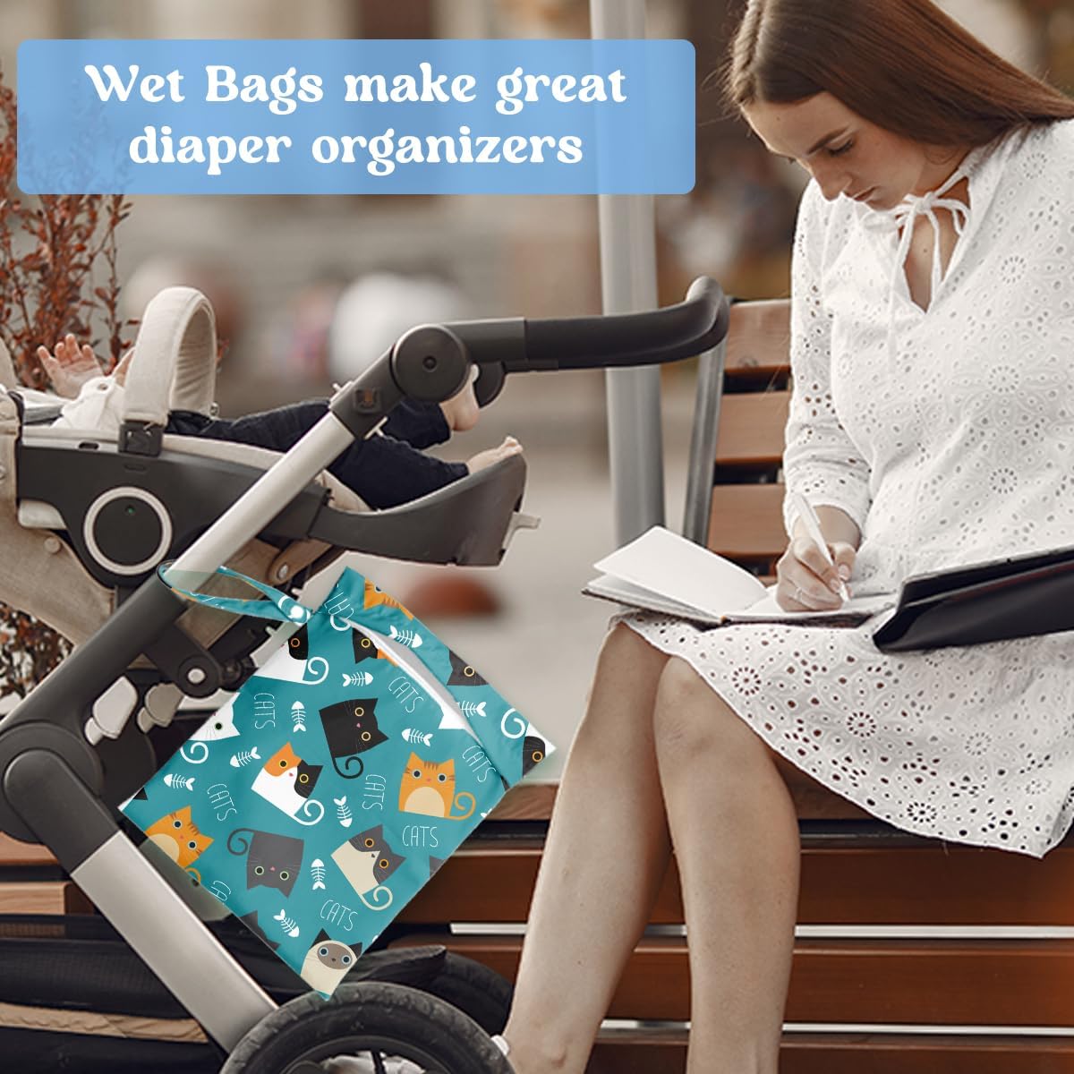 Wet Dry Bag for Baby & Travel - Waterproof Reusable Cloth Diaper Bag for Wet Clothes, Swimwear & Gym - Leakproof Hanging Storage Bag with Snap Handle, Ocean Friends Theme