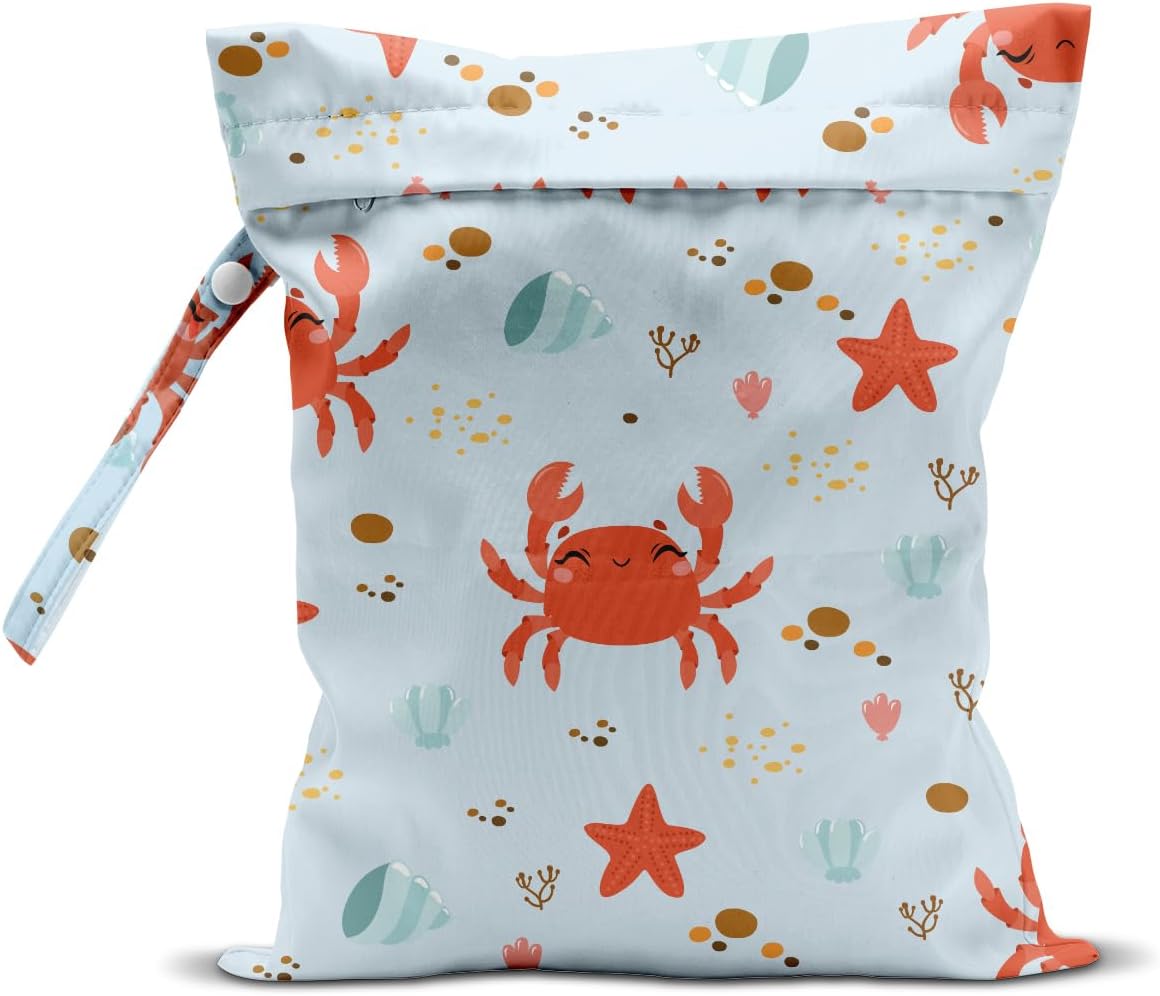 Wet Dry Bag for Baby & Travel - Waterproof Reusable Cloth Diaper Bag for Wet Clothes, Swimwear & Gym - Leakproof Hanging Storage Bag with Snap Handle, Ocean Friends Theme