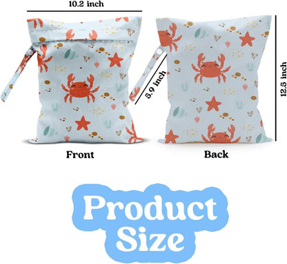 Wet Dry Bag for Baby & Travel - Waterproof Reusable Cloth Diaper Bag for Wet Clothes, Swimwear & Gym - Leakproof Hanging Storage Bag with Snap Handle, Ocean Friends Theme