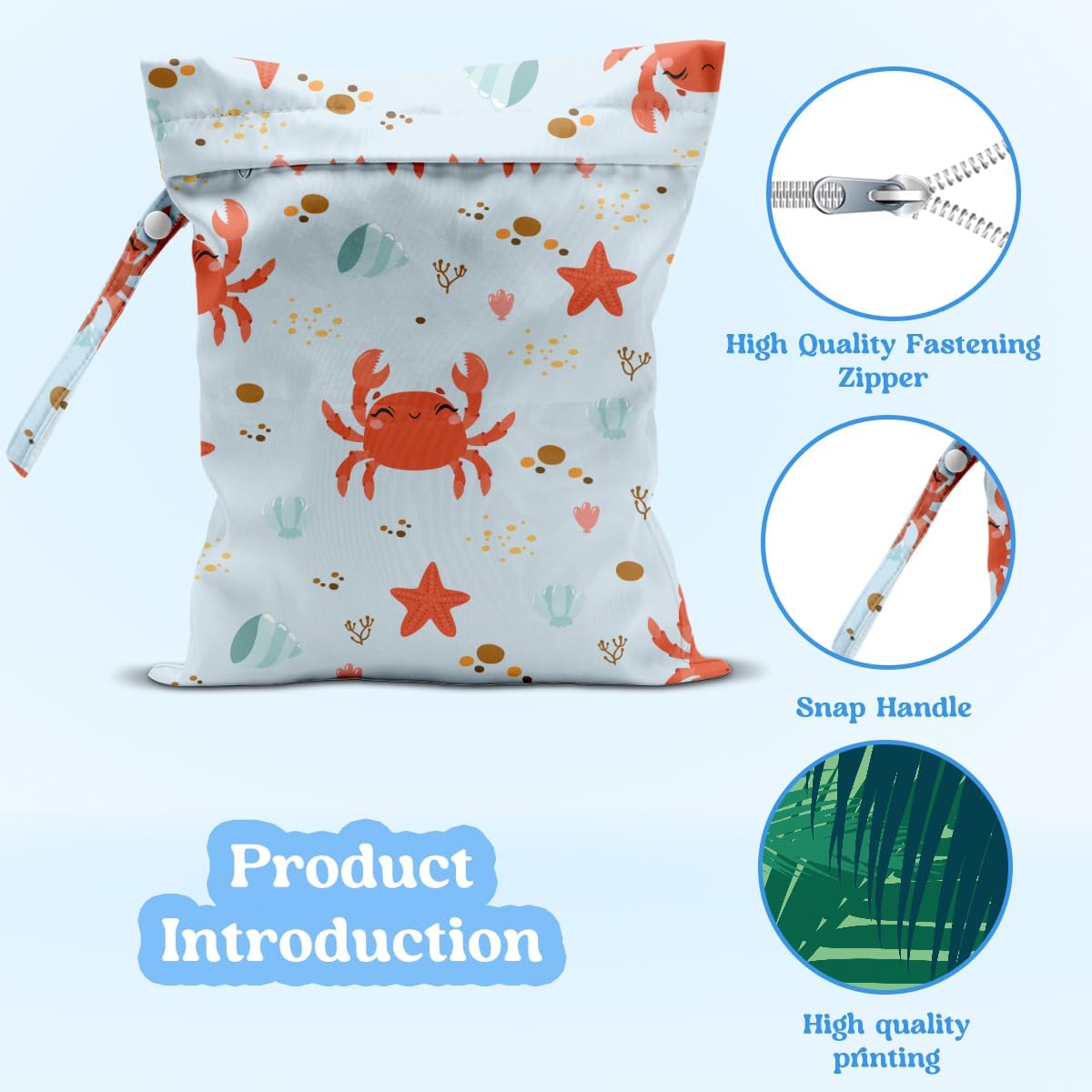 Wet Dry Bag for Baby & Travel - Waterproof Reusable Cloth Diaper Bag for Wet Clothes, Swimwear & Gym - Leakproof Hanging Storage Bag with Snap Handle, Ocean Friends Theme
