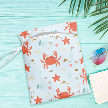 Wet Dry Bag for Baby & Travel - Waterproof Reusable Cloth Diaper Bag for Wet Clothes, Swimwear & Gym - Leakproof Hanging Storage Bag with Snap Handle, Ocean Friends Theme