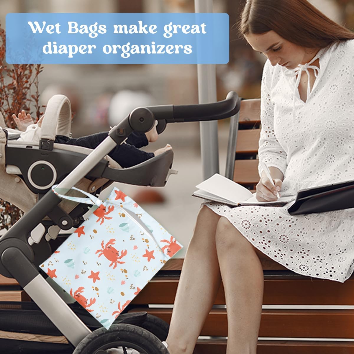 Wet Dry Bag for Baby & Travel - Waterproof Reusable Cloth Diaper Bag for Wet Clothes, Swimwear & Gym - Leakproof Hanging Storage Bag with Snap Handle, Ocean Friends Theme