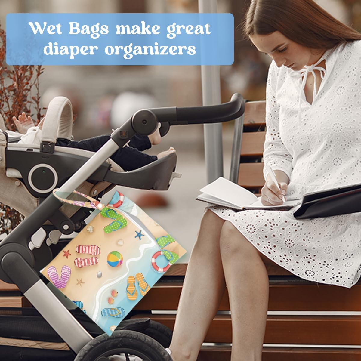 Wet Dry Bag for Baby & Travel - Waterproof Reusable Cloth Diaper Bag for Wet Clothes, Swimwear & Gym - Leakproof Hanging Storage Bag with Snap Handle, Ocean Friends Theme