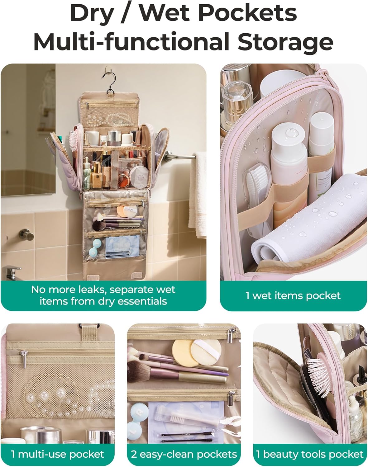 Travel Toiletry Bag with Removable Partition, Puffy Water-resistant Fabric Hanging Organizer for Full-Size Toiletries, Accessories, Black