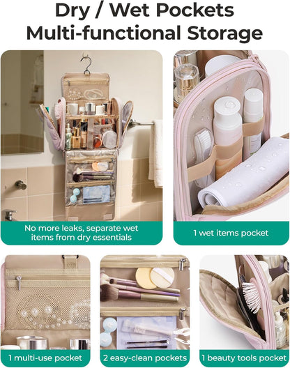 Travel Toiletry Bag with Removable Partition, Puffy Water-resistant Fabric Hanging Organizer for Full-Size Toiletries, Accessories, Black
