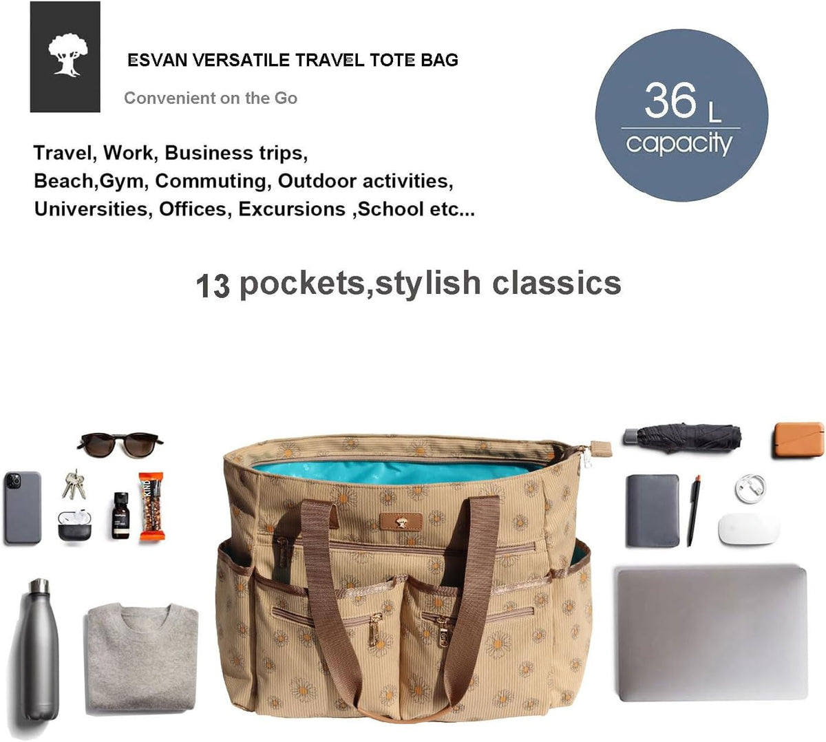 Weekender Bag Carry On Bag Overnight Tote Travel Duffle with 13 Pockets for Travel,Work，Gym,Beach,Teacher,Nurse