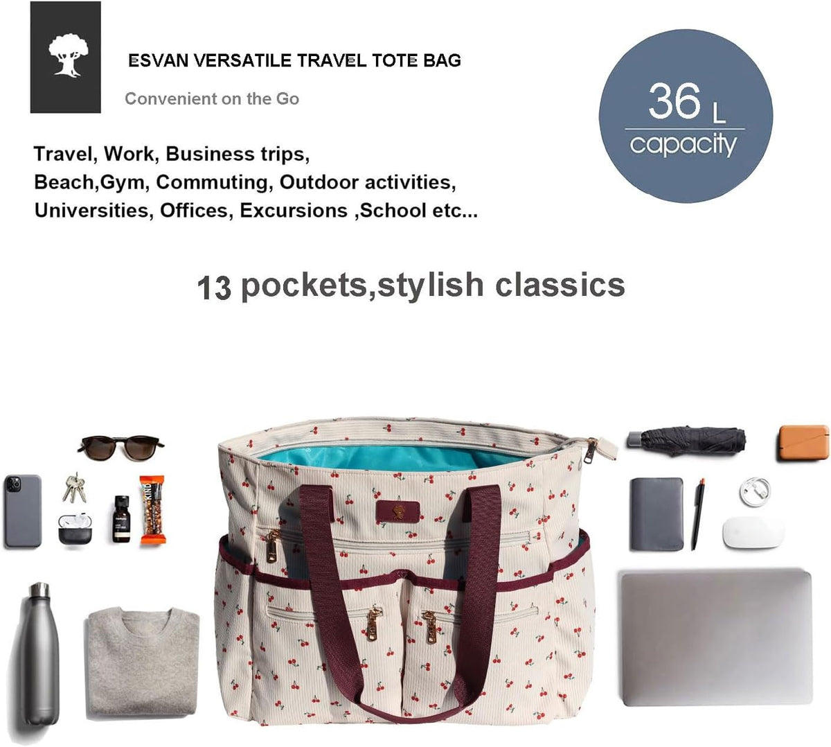 Weekender Bag Carry On Bag Overnight Tote Travel Duffle with 13 Pockets for Travel,Work，Gym,Beach,Teacher,Nurse