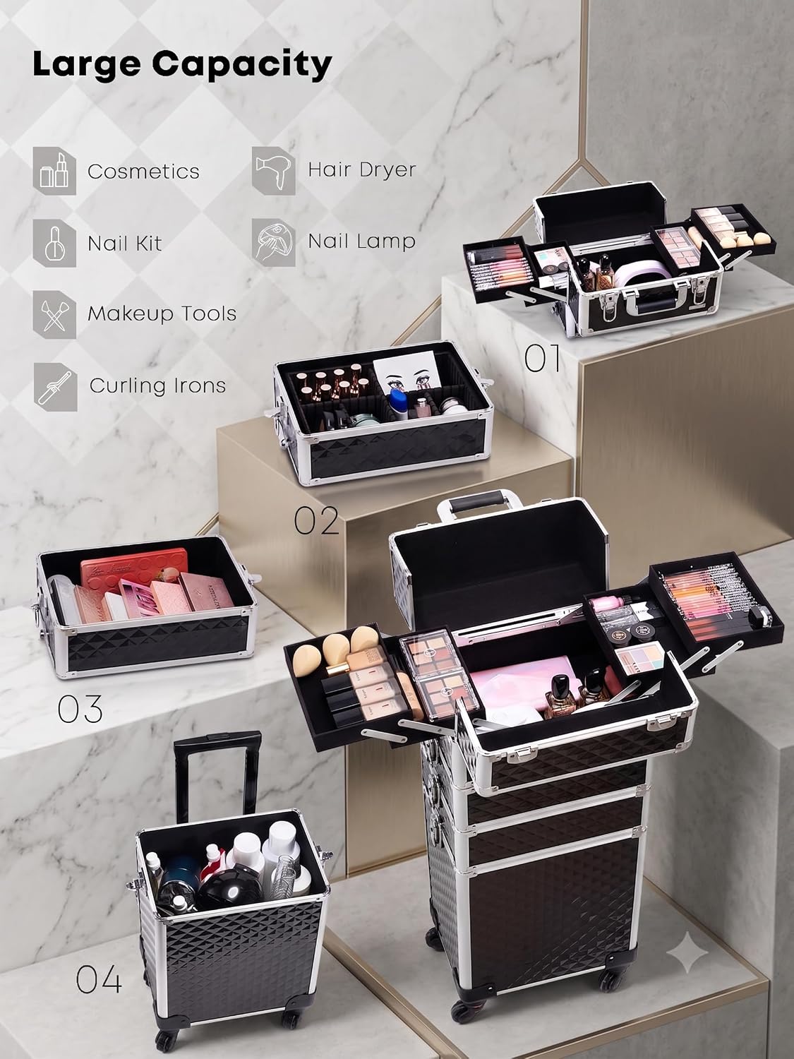 4-in-1 Cosmetology Case on Wheels Portable Rolling Makeup Train Case | Rolling cart for cosmetic supplies, Portable storage for makeup artists/hairstylists/nail technicians/beauty enthusiasts