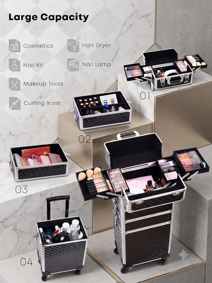 4-in-1 Cosmetology Case on Wheels Portable Rolling Makeup Train Case | Rolling cart for cosmetic supplies, Portable storage for makeup artists/hairstylists/nail technicians/beauty enthusiasts