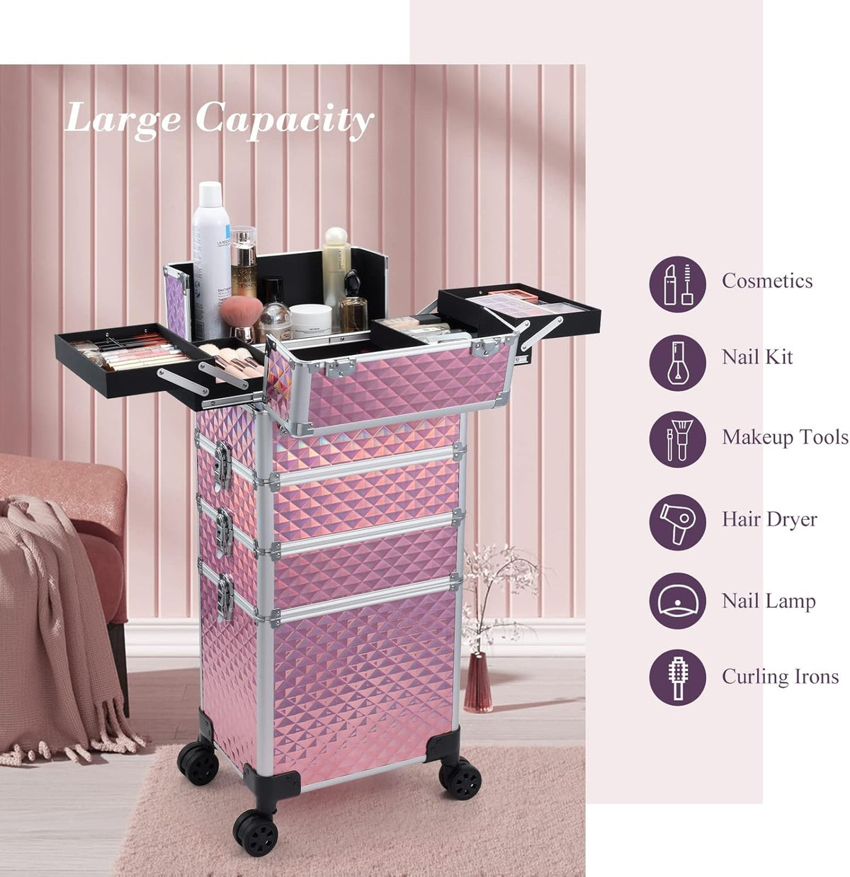 4-in-1 Cosmetology Case on Wheels Portable Rolling Makeup Train Case | Rolling cart for cosmetic supplies, Portable storage for makeup artists/hairstylists/nail technicians/beauty enthusiasts