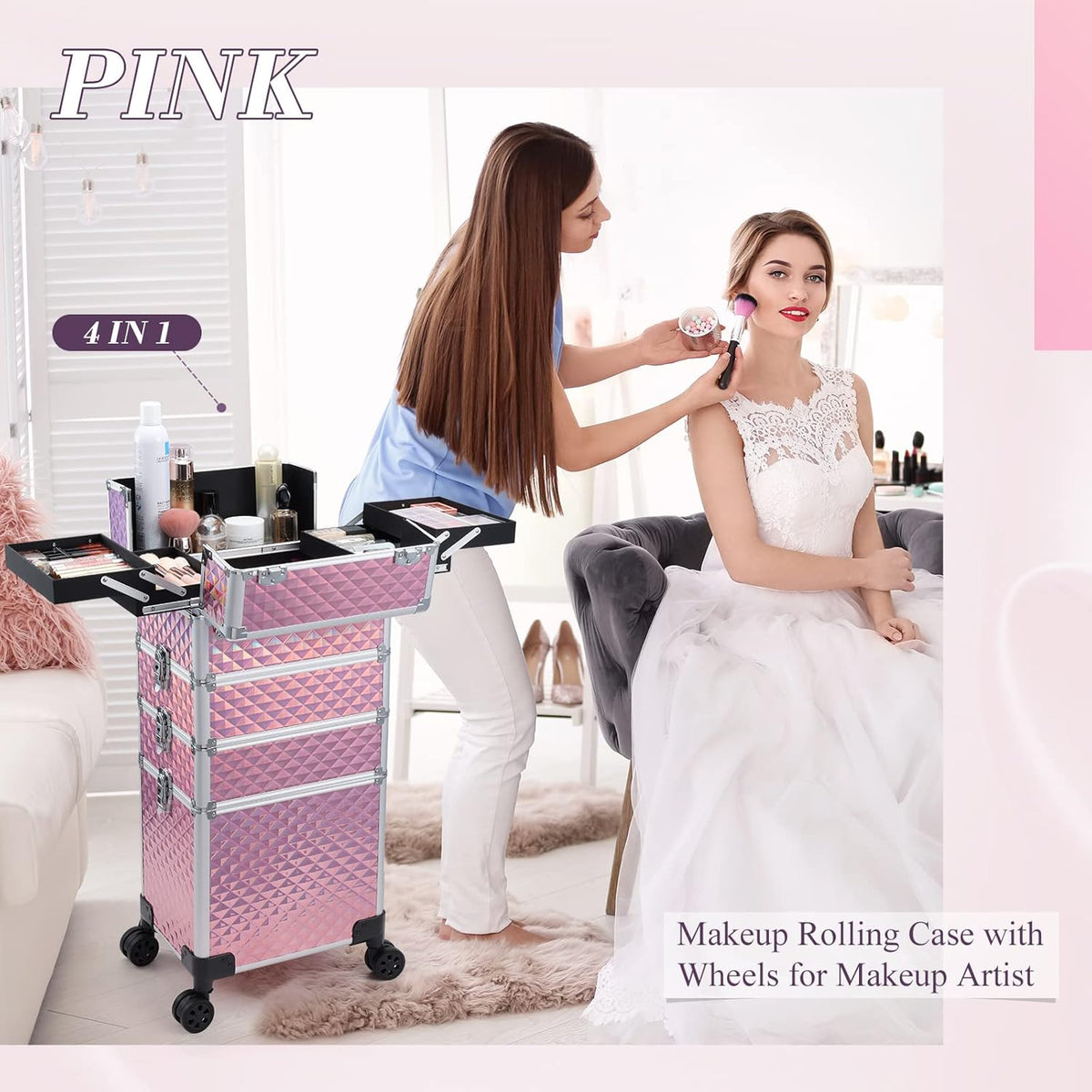 4-in-1 Cosmetology Case on Wheels Portable Rolling Makeup Train Case | Rolling cart for cosmetic supplies, Portable storage for makeup artists/hairstylists/nail technicians/beauty enthusiasts