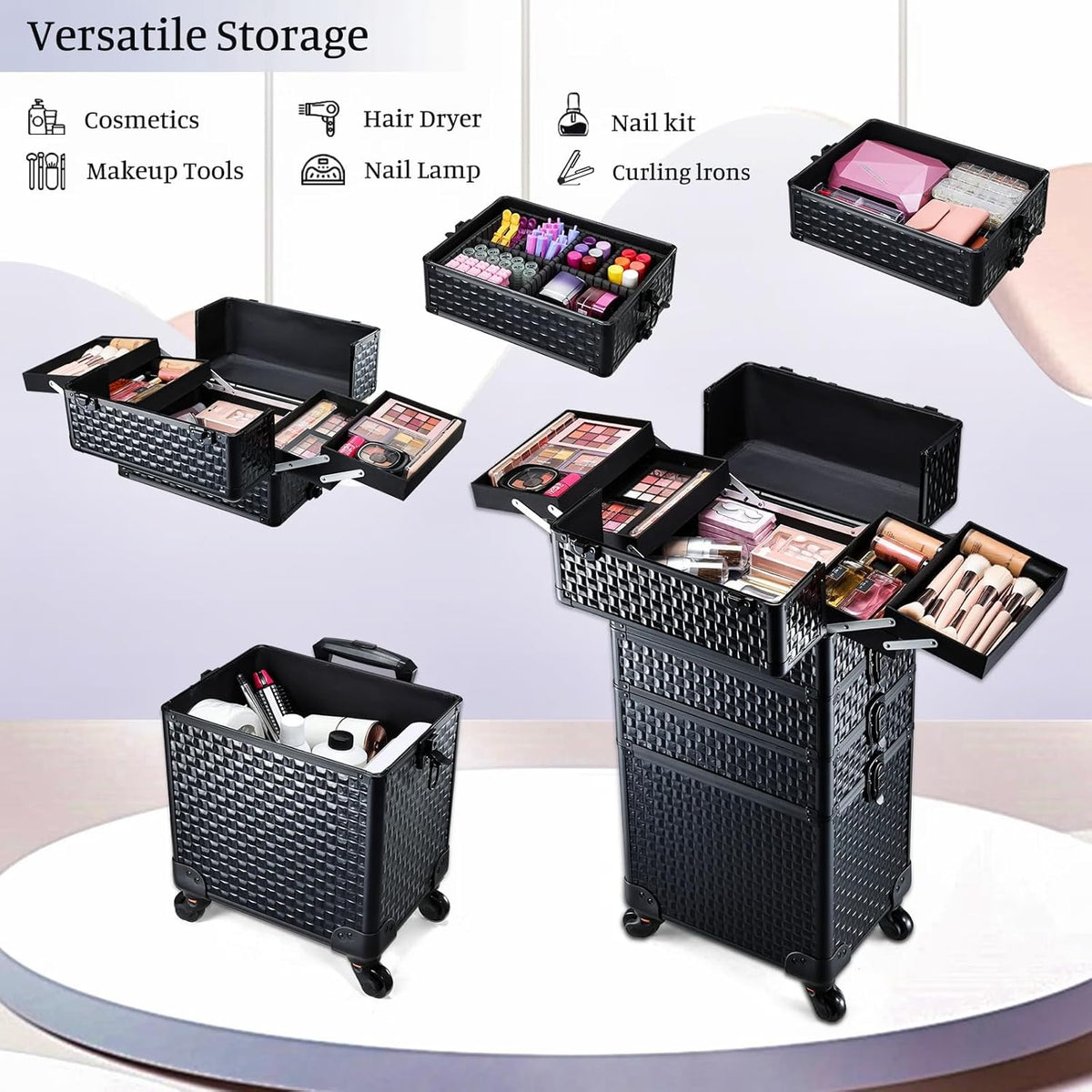 4-in-1 Cosmetology Case on Wheels Portable Rolling Makeup Train Case | Rolling cart for cosmetic supplies, Portable storage for makeup artists/hairstylists/nail technicians/beauty enthusiasts