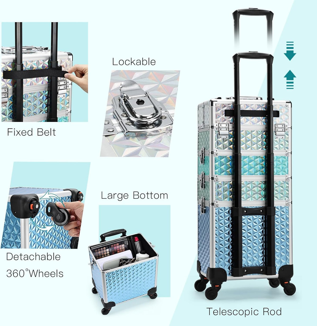 4-in-1 Cosmetology Case on Wheels Portable Rolling Makeup Train Case | Rolling cart for cosmetic supplies, Portable storage for makeup artists/hairstylists/nail technicians/beauty enthusiasts