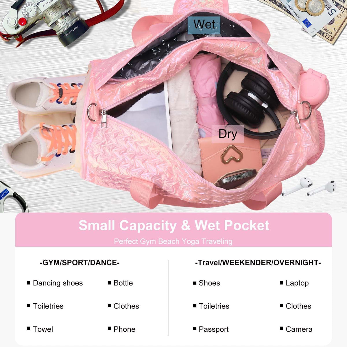 Gym Travel Duffle Bag for Girls - Gymnastics Sports Dance Bag with Shoe Compartment & Wet Pocket Panda Kids Travel Bag Teens Weekender Sleepover Carry On Bag