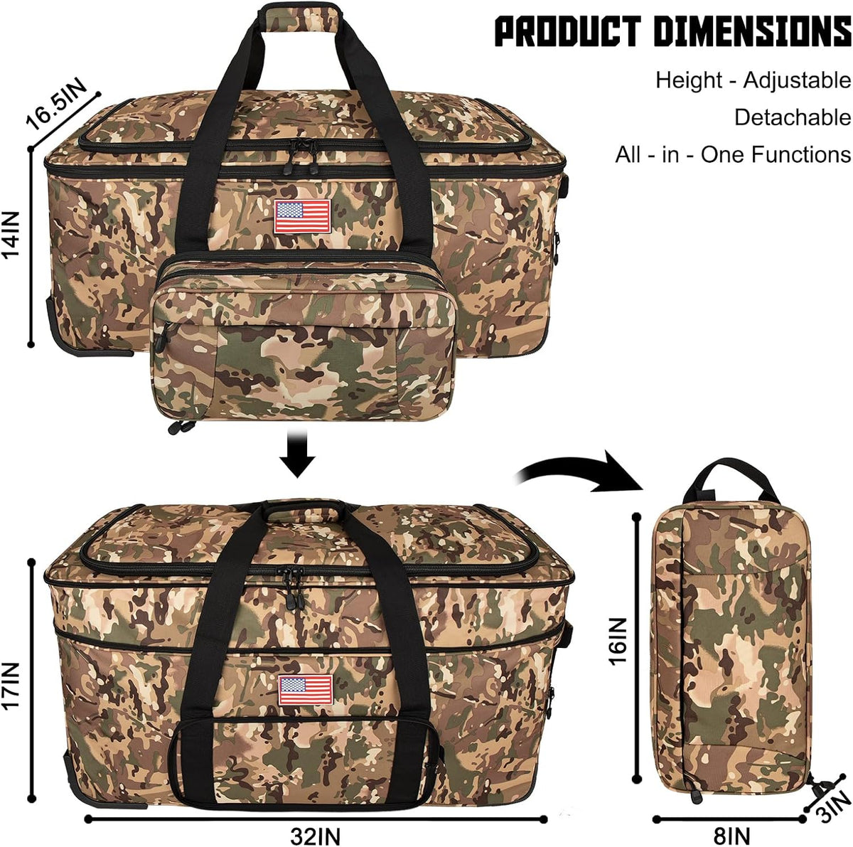 150L Large Rolling Duffle Bag with Wheels, Heavy Duty 32'' Tri-Wheel Gear Hauler for Camping,Moving Sports Equipment,Military & Airline Checked Bag Approved,Khaki
