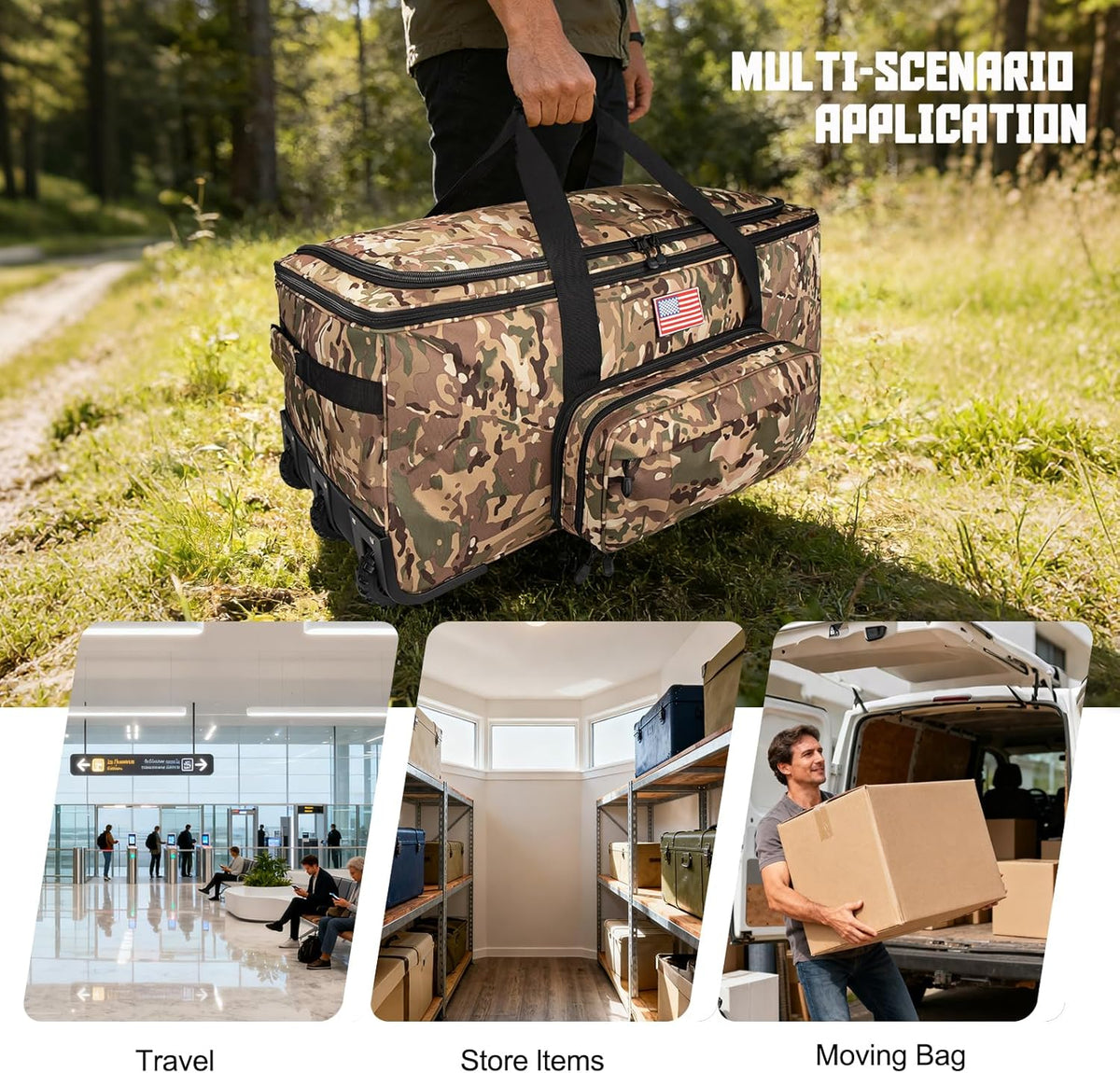 150L Large Rolling Duffle Bag with Wheels, Heavy Duty 32'' Tri-Wheel Gear Hauler for Camping,Moving Sports Equipment,Military & Airline Checked Bag Approved,Khaki