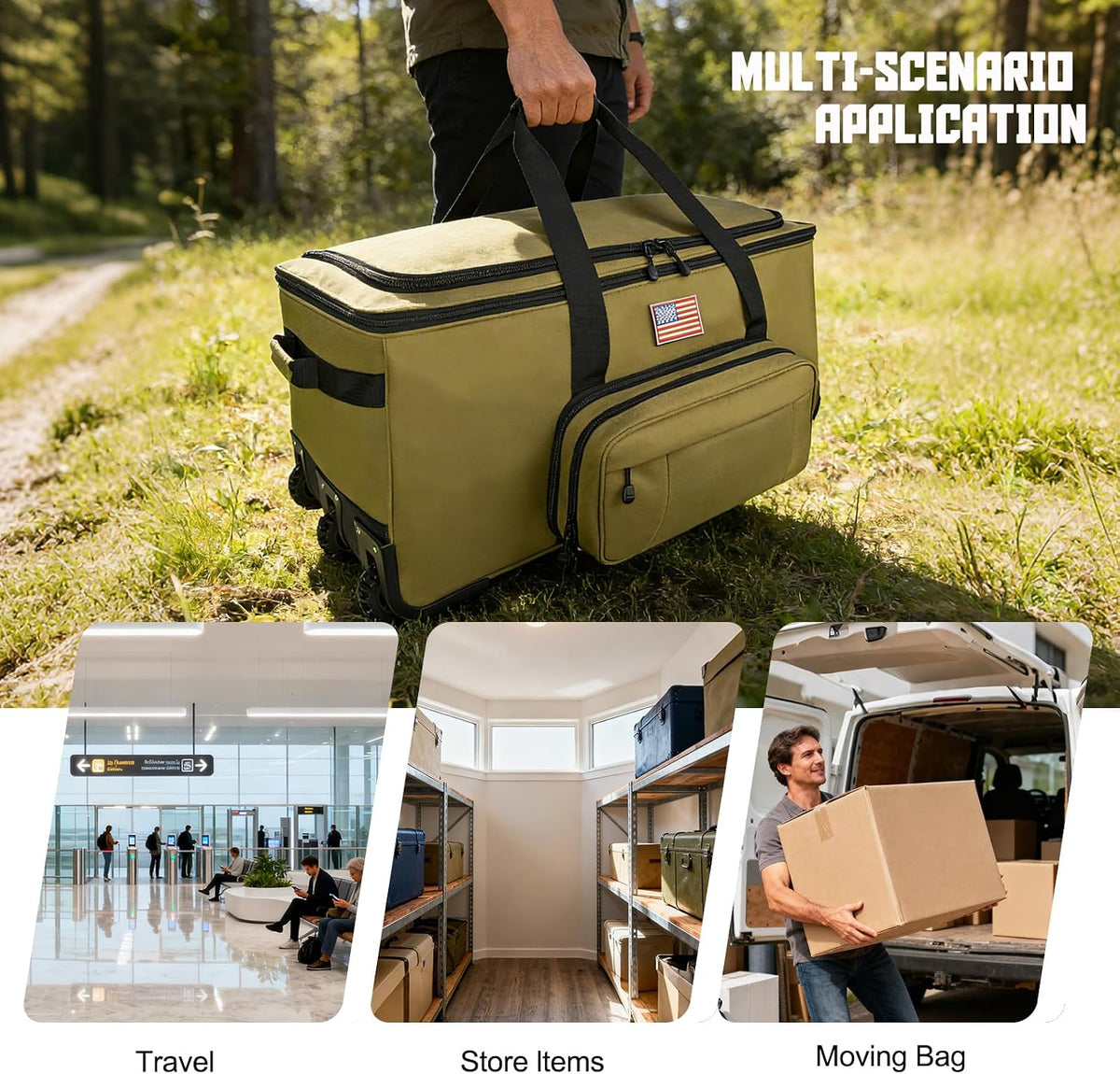 150L Large Rolling Duffle Bag with Wheels, Heavy Duty 32'' Tri-Wheel Gear Hauler for Camping,Moving Sports Equipment,Military & Airline Checked Bag Approved,Khaki
