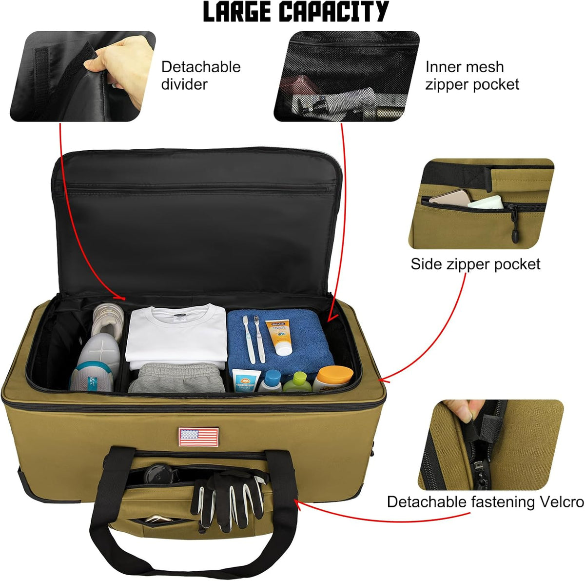 150L Large Rolling Duffle Bag with Wheels, Heavy Duty 32'' Tri-Wheel Gear Hauler for Camping,Moving Sports Equipment,Military & Airline Checked Bag Approved,Khaki