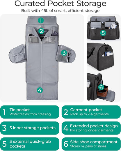 Garment Bags for Travel, Convertible Garment Duffle Bag Suit Bags for Men Women, 2 in 1 Garment Bags for Hanging Clothes, Carry On Duffle Bag with Shoe Compartment, Grey