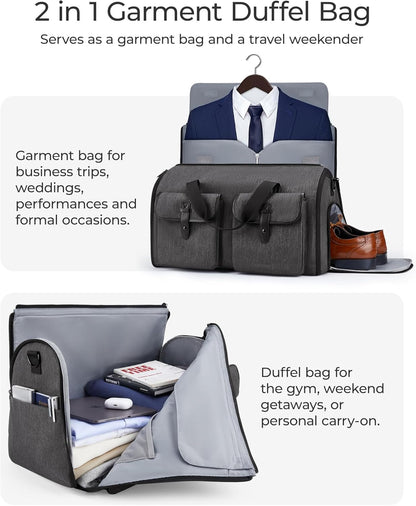 Garment Bags for Travel, Convertible Garment Duffle Bag Suit Bags for Men Women, 2 in 1 Garment Bags for Hanging Clothes, Carry On Duffle Bag with Shoe Compartment, Grey