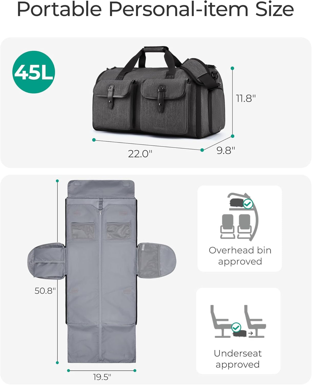 Garment Bags for Travel, Convertible Garment Duffle Bag Suit Bags for Men Women, 2 in 1 Garment Bags for Hanging Clothes, Carry On Duffle Bag with Shoe Compartment, Grey